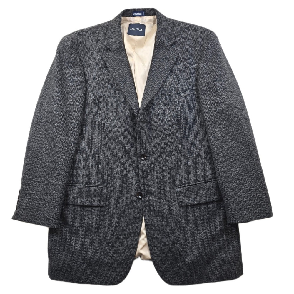 Nautica Tweed Blazer Sport Coat Mens 42R Gray Wool Cashmere Herringbone Blazer